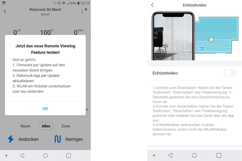 Roborock S6 MaxV Remote Viewing Funktion aktivieren.